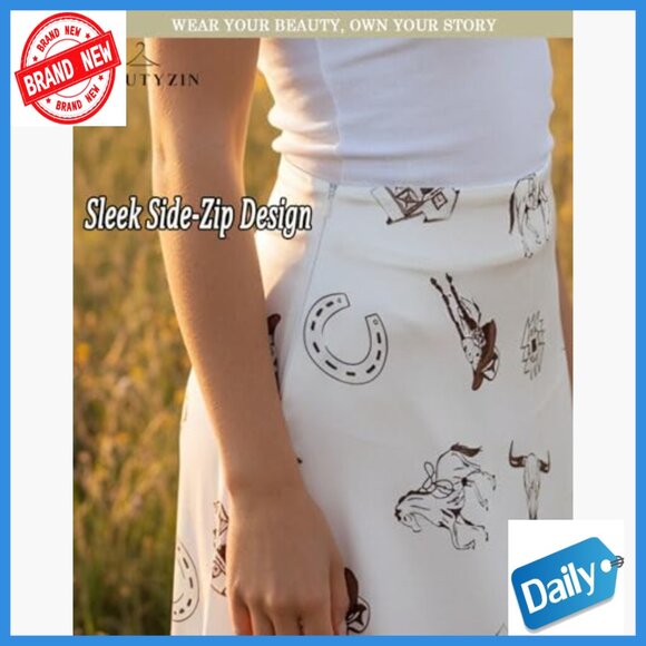 High Waist Maxi Skirt A-Line Western Print Silk Touch Polyester - Picture 4 of 7